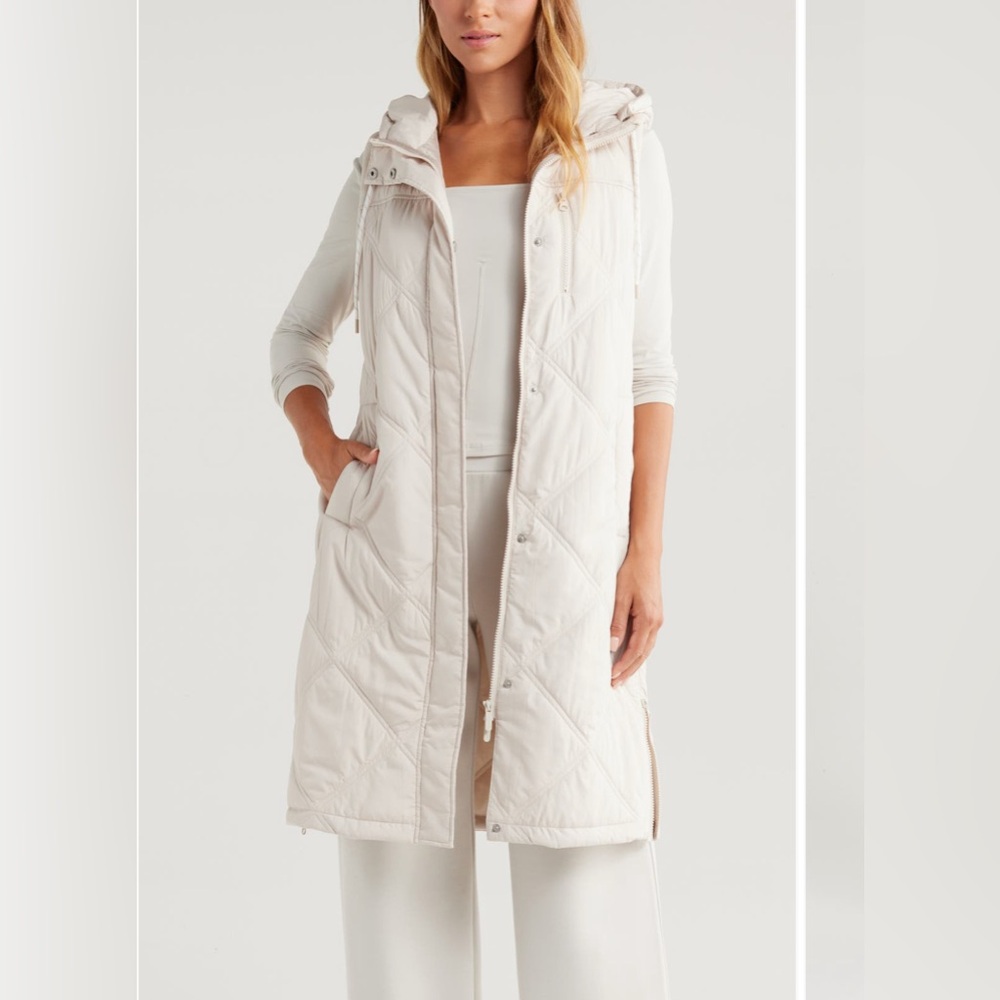Zella Long Cream Hooded Quilted Vest